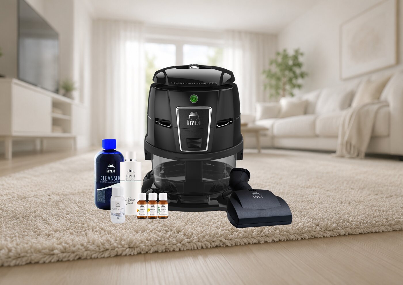 HYLA Wasserfiltersystem mit Zubehör auf einem Teppich im Wohnzimmer